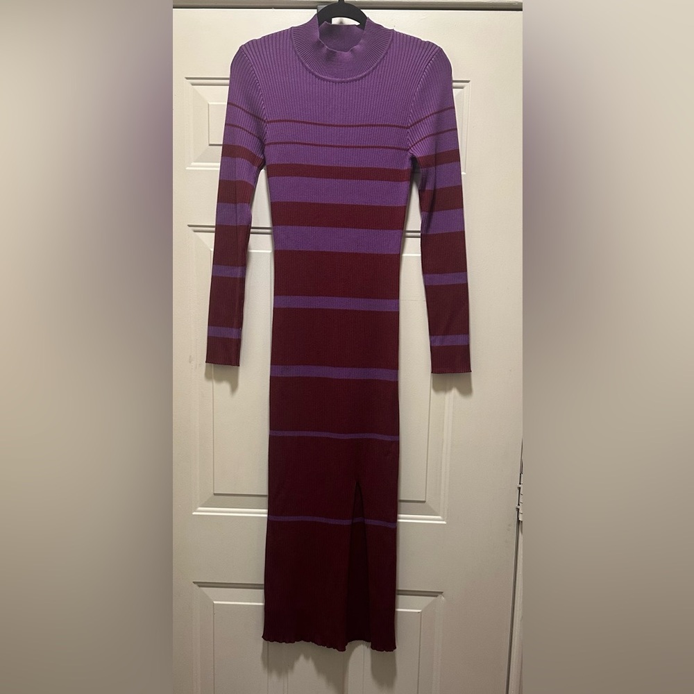 NWOT Skies Are Blue Striped Long Sleeve Midi Dress in Purple and Burgundy